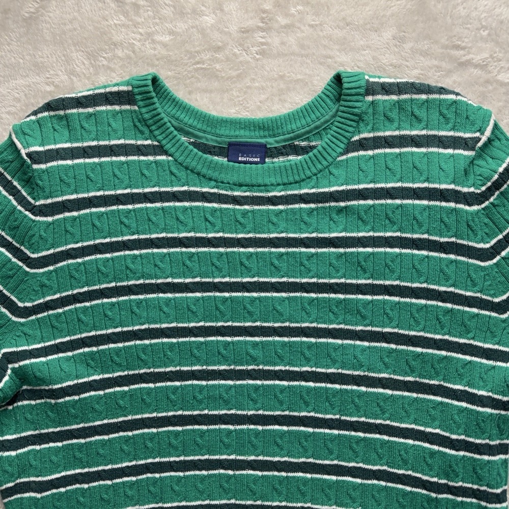Basic Editions Women XL Long Sleeve Y2K Striped Cable Knit Sweater Preppy Green - Picture 2 of 10